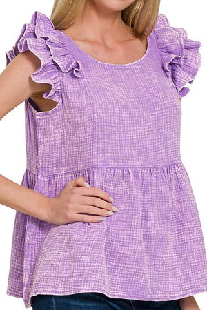 Zenana Islamorada Lavender Washed Gauze Ruffle Peplum Top - Wholesale Accessory Market