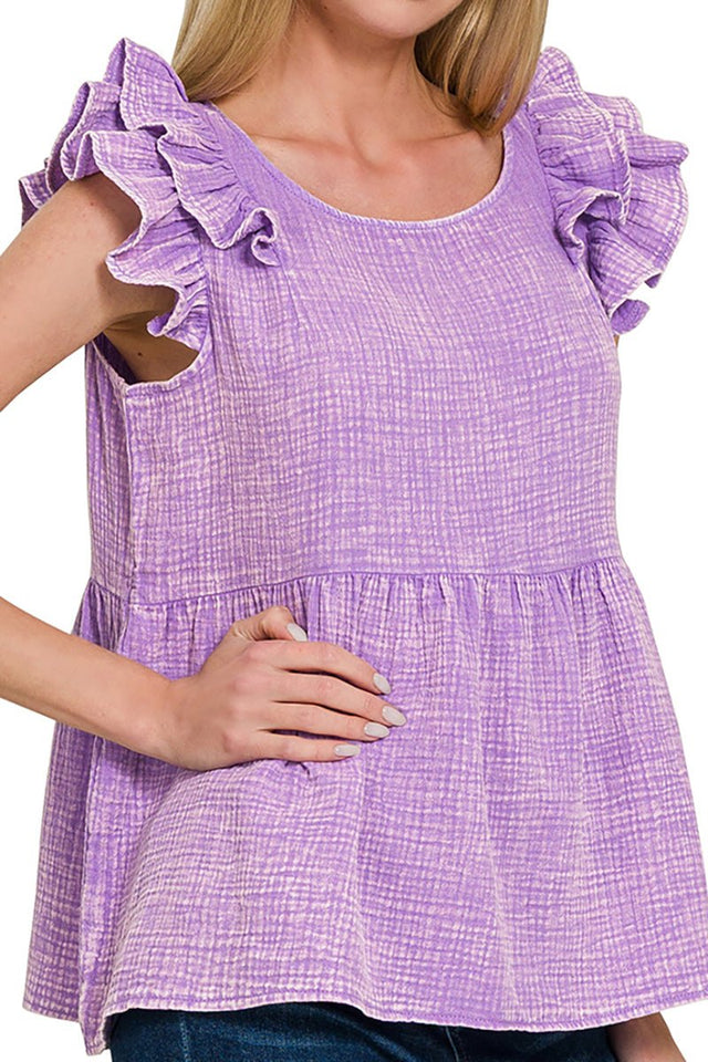 Zenana Islamorada Lavender Washed Gauze Ruffle Peplum Top - Wholesale Accessory Market