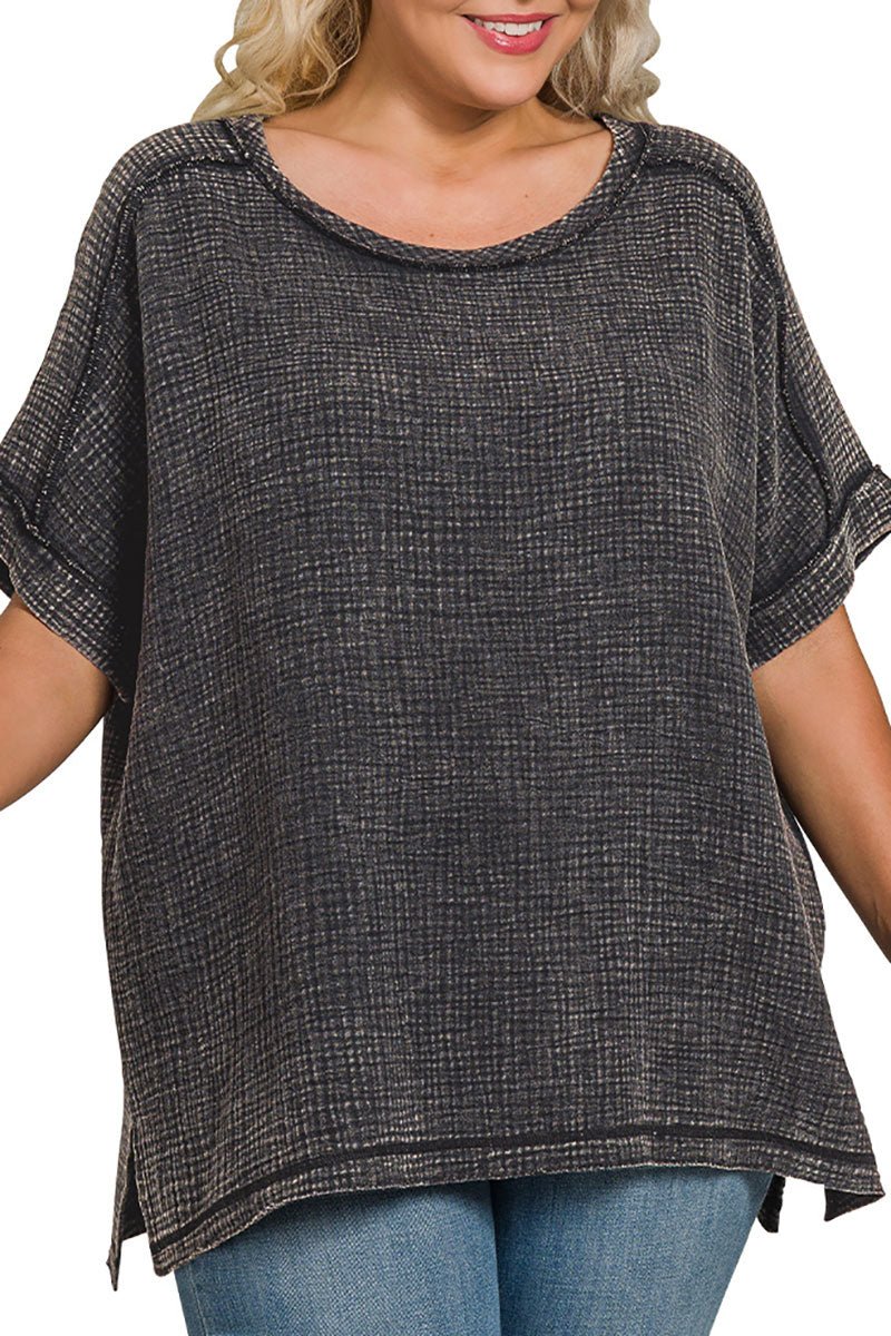 Zenana Plus Size Coconut Grove Ash Black Acid Washed Gauze Round Neck Top - Wholesale Accessory Market