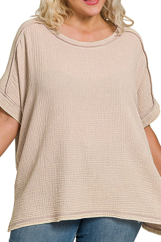 Zenana Plus Size Coconut Grove Ash Mocha Acid Washed Gauze Round Neck Top - Wholesale Accessory Market
