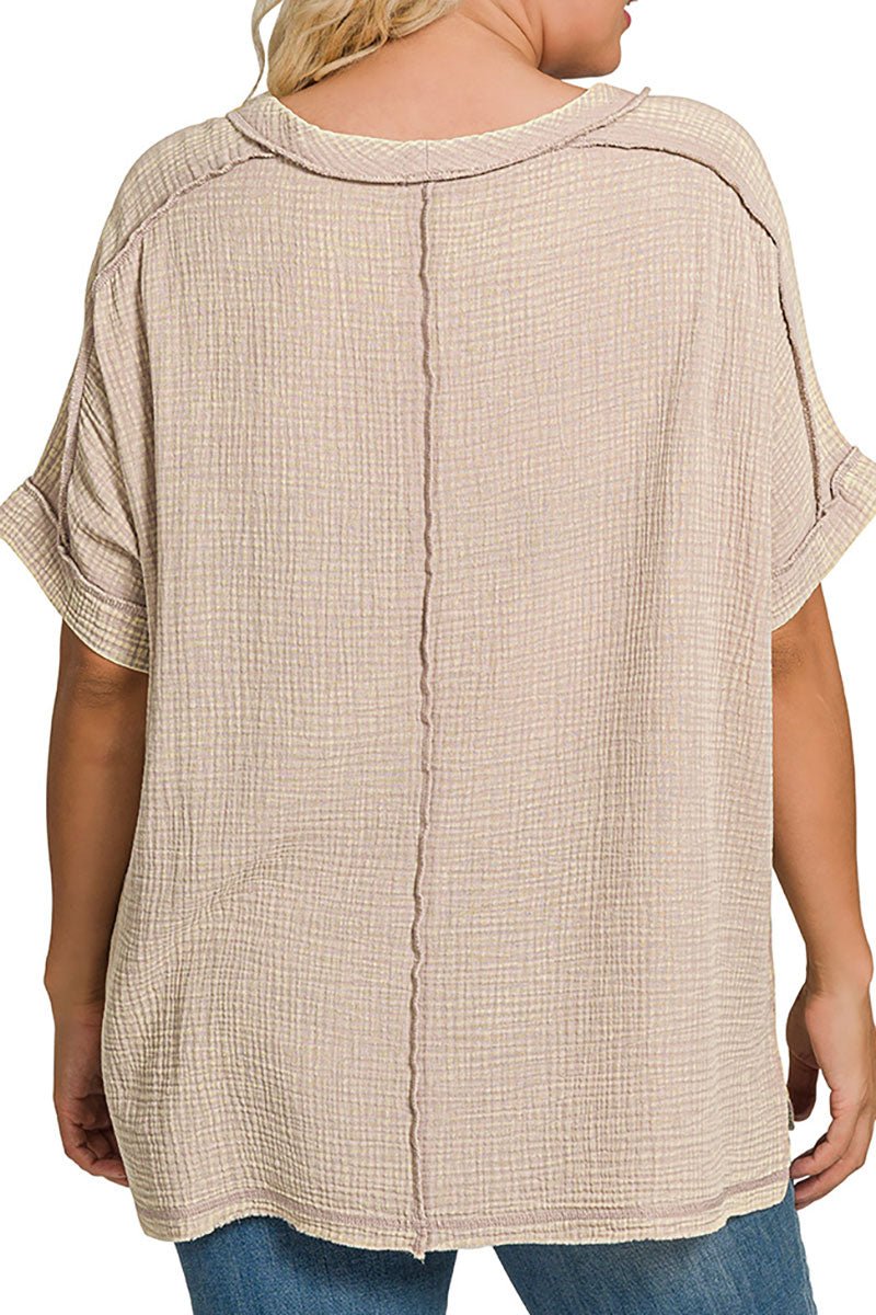 Zenana Plus Size Coconut Grove Ash Mocha Acid Washed Gauze Round Neck Top - Wholesale Accessory Market