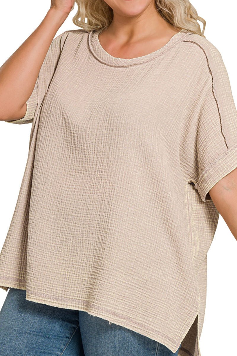 Zenana Plus Size Coconut Grove Ash Mocha Acid Washed Gauze Round Neck Top - Wholesale Accessory Market