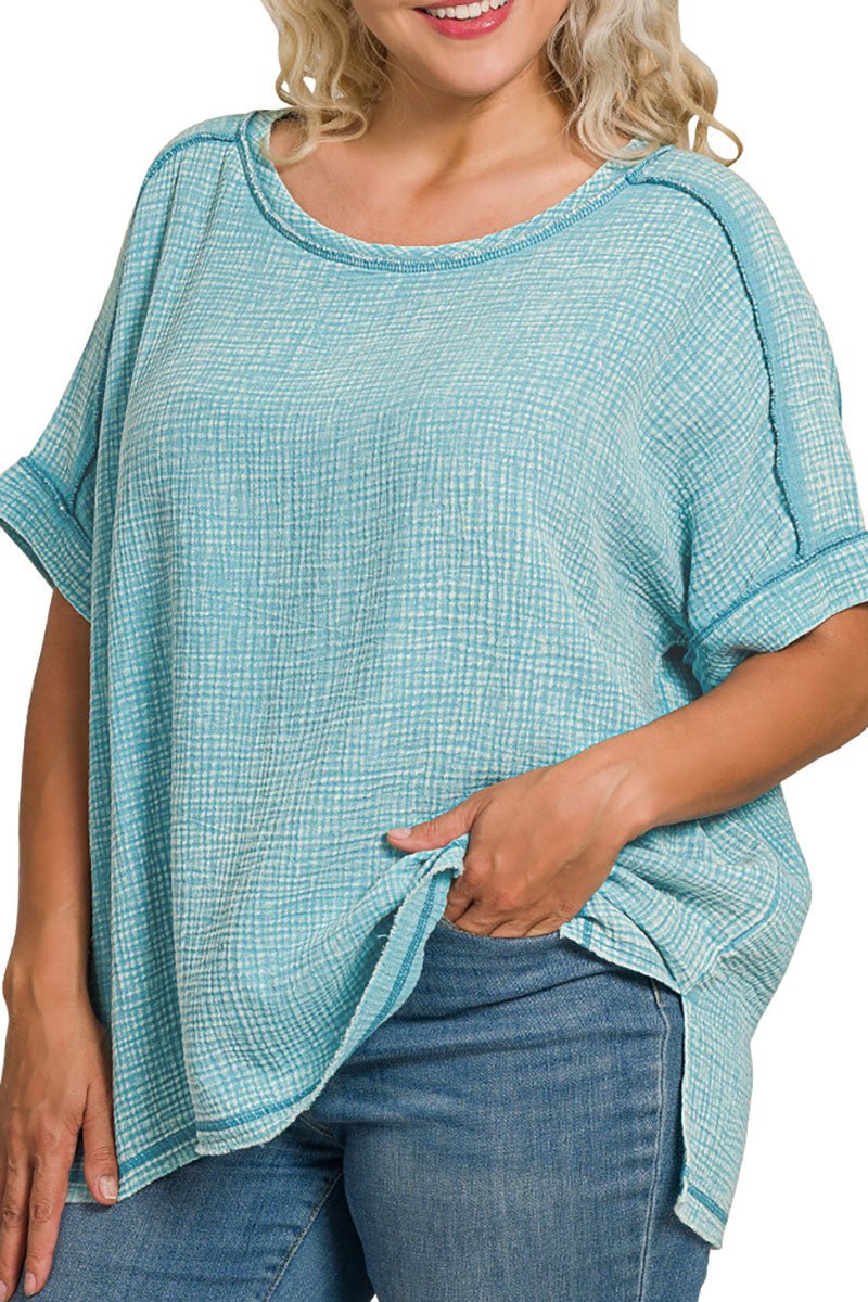 Zenana Plus Size Coconut Grove Dusty Teal Acid Washed Gauze Round Neck Top - Wholesale Accessory Market