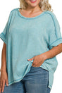 Zenana Plus Size Coconut Grove Dusty Teal Acid Washed Gauze Round Neck Top - Wholesale Accessory Market