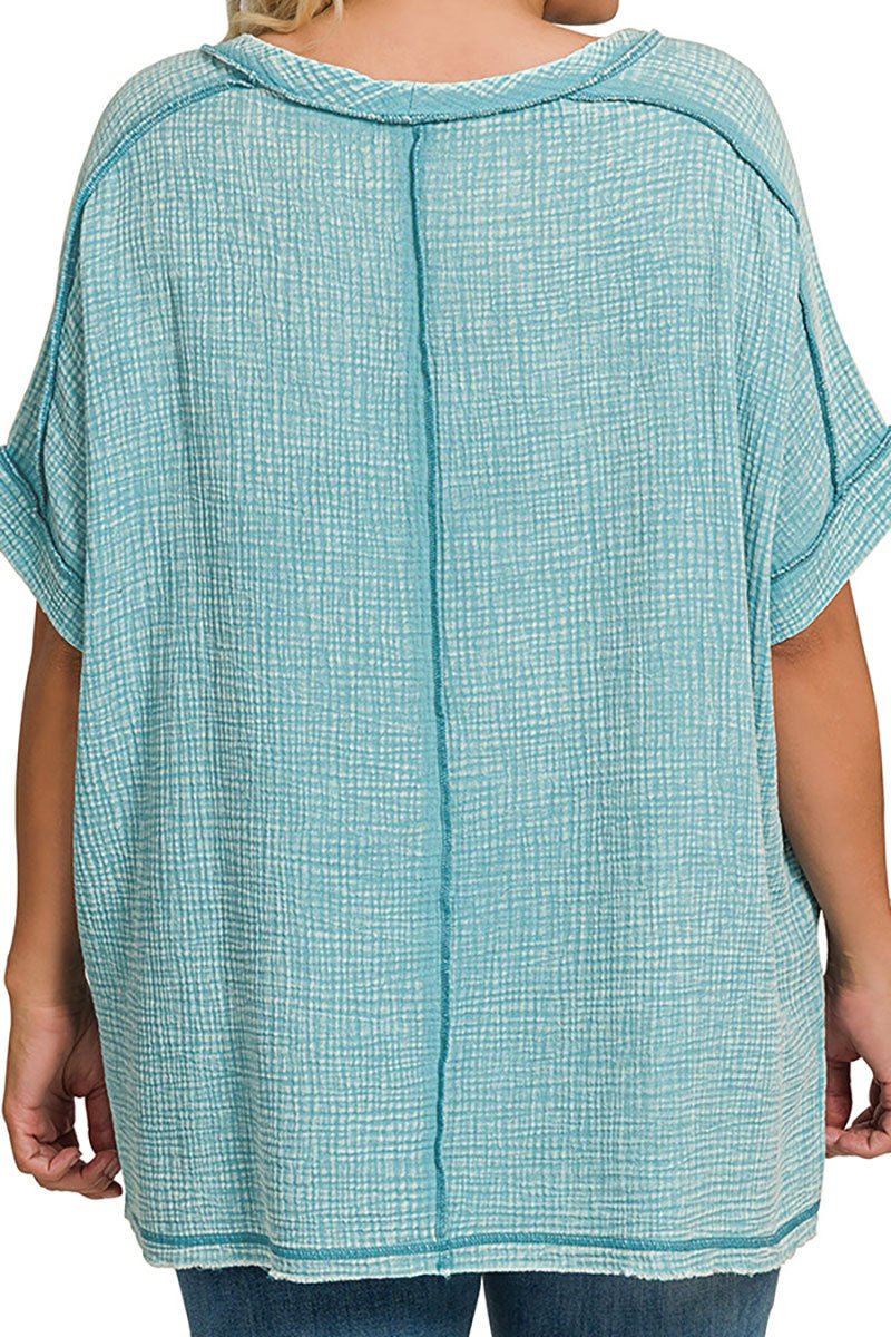 Zenana Plus Size Coconut Grove Dusty Teal Acid Washed Gauze Round Neck Top - Wholesale Accessory Market