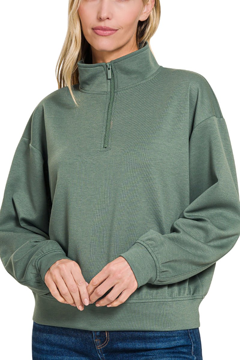 Zenana First Frost Dark Forest Zip Scuba Pullover - Wholesale Accessory Market