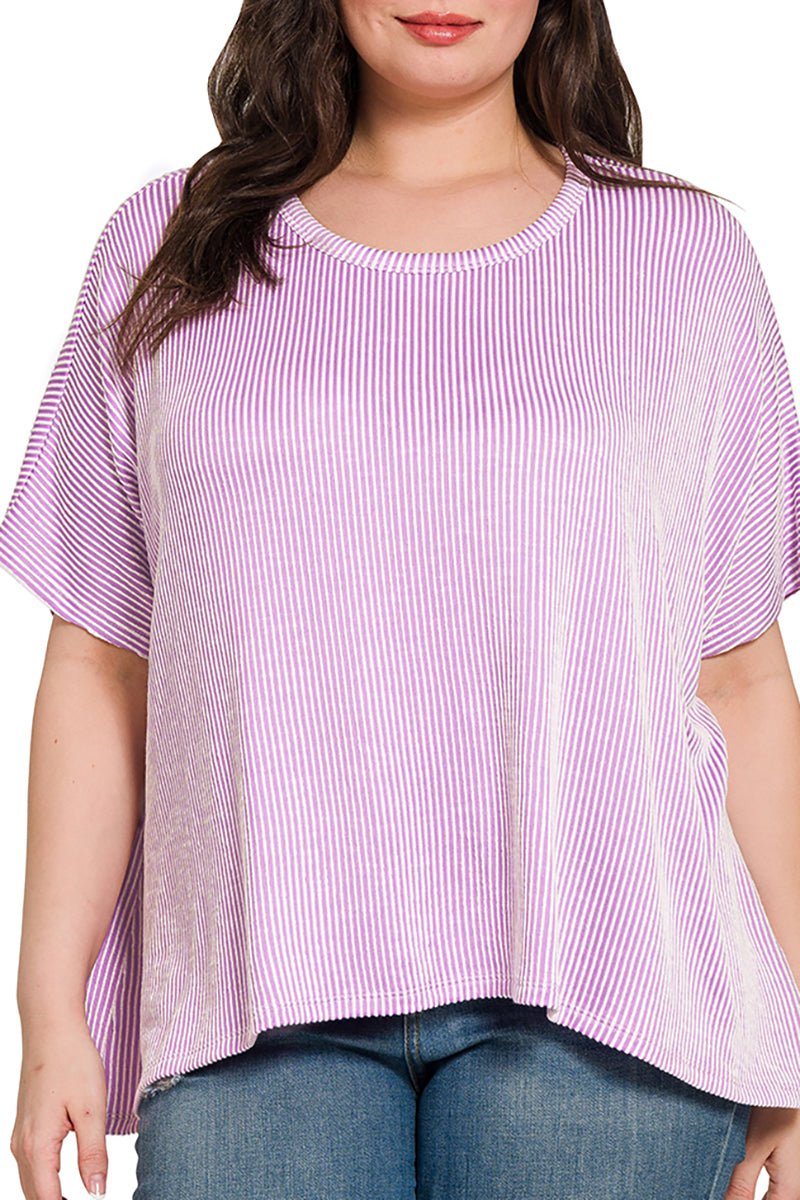 Zenana Plus Size Full Of Fun Bright Lavender Oversized Striped Top - Wholesale Accessory Market