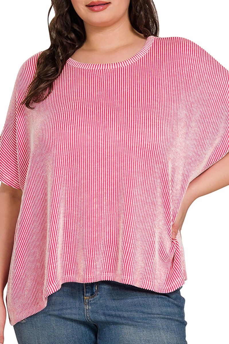 Zenana Plus Size Full Of Fun Hot Pink Oversized Striped Top - Wholesale Accessory Market