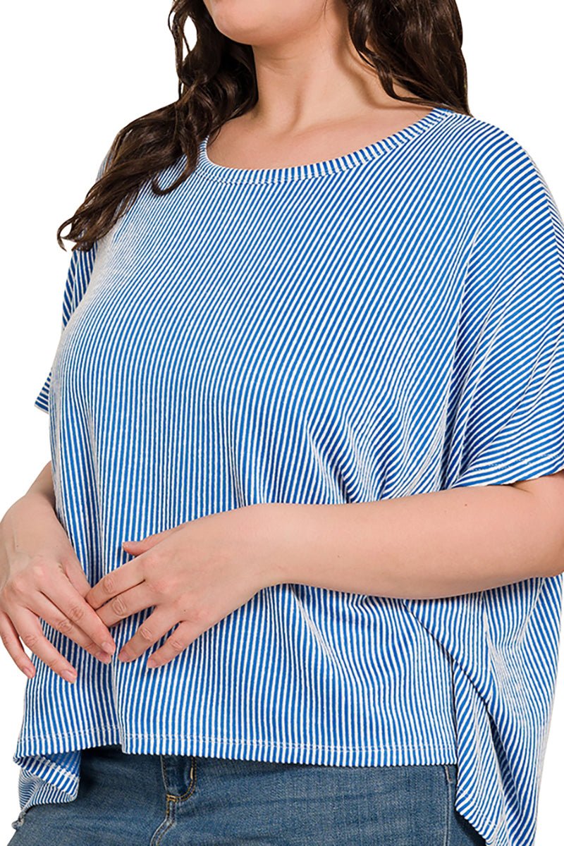 Zenana Plus Size Full Of Fun Ocean Blue Oversized Striped Top - Wholesale Accessory Market
