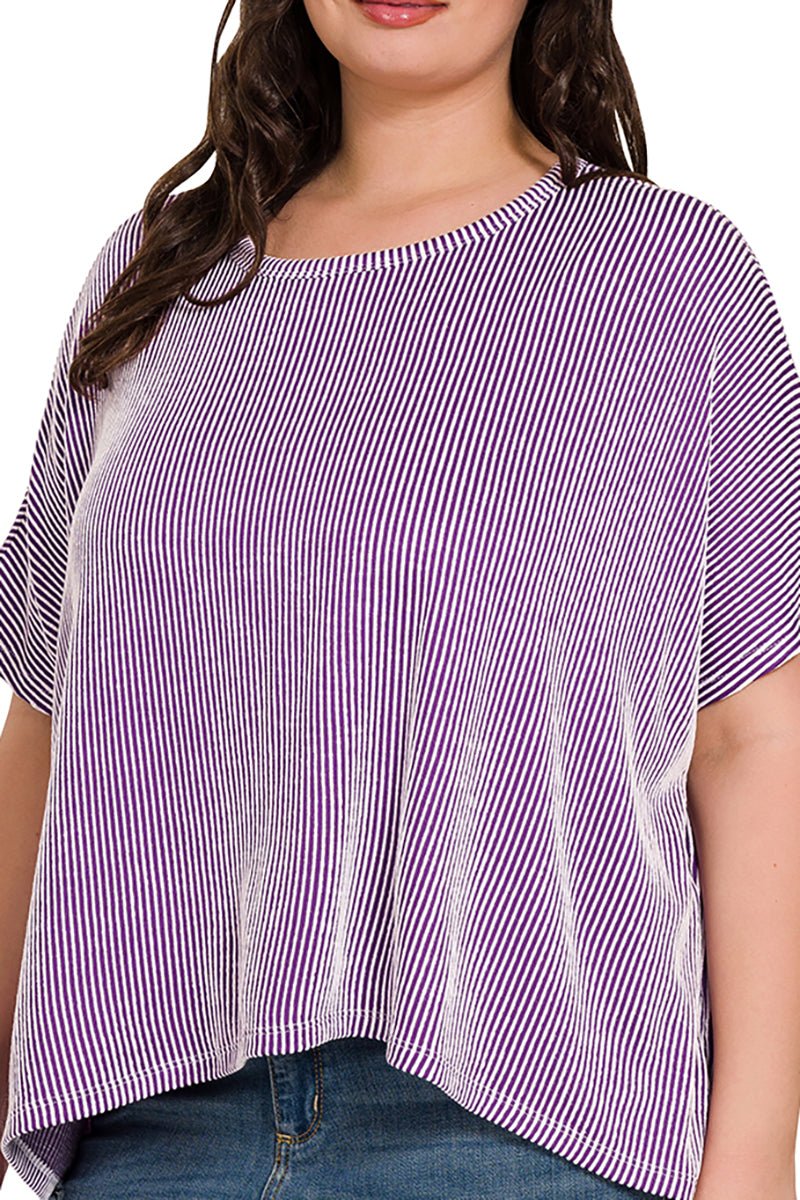 Zenana Plus Size Full Of Fun Violet Oversized Striped Top - Wholesale Accessory Market