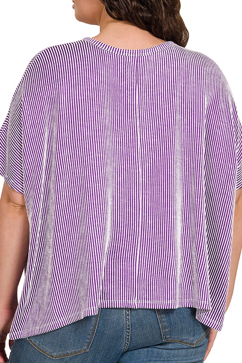 Zenana Plus Size Full Of Fun Violet Oversized Striped Top - Wholesale Accessory Market