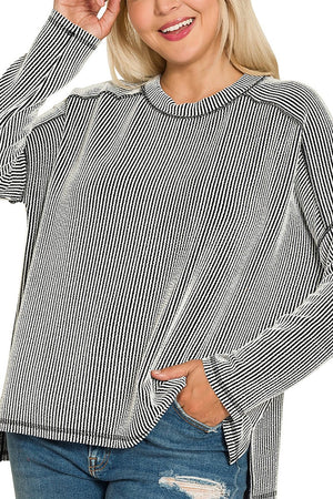 Zenana Plus Size No Holding Back Black and White Rib Knit Top - Wholesale Accessory Market