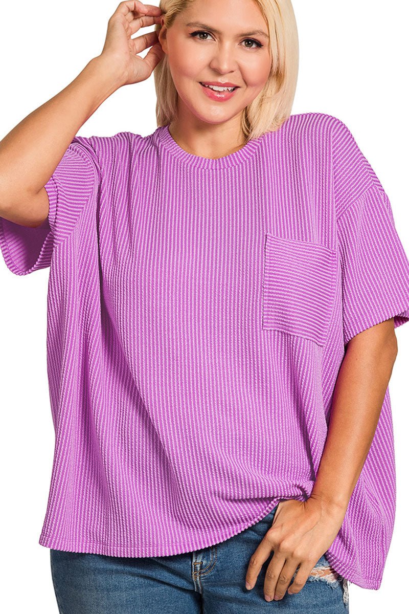 Zenana Plus Size Casual Cadence Spring Violet Raised Rib Knit Top - Wholesale Accessory Market