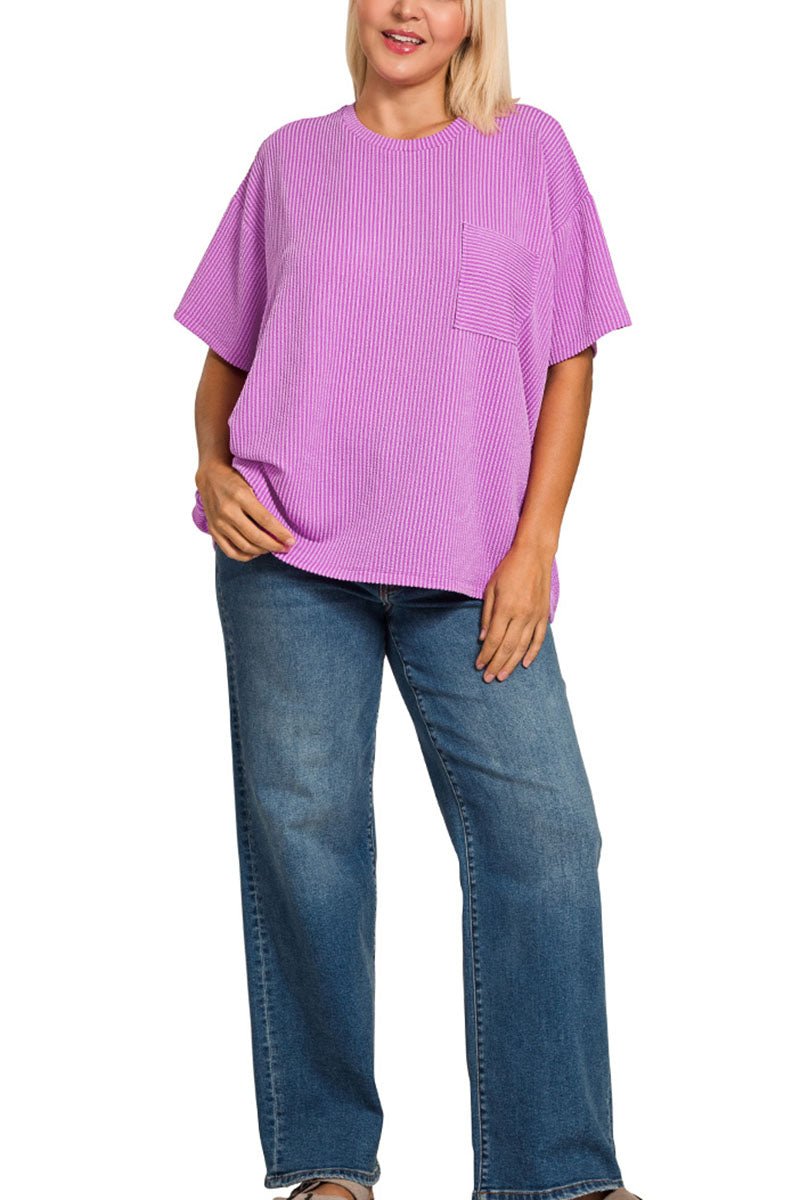 Zenana Plus Size Casual Cadence Spring Violet Raised Rib Knit Top - Wholesale Accessory Market