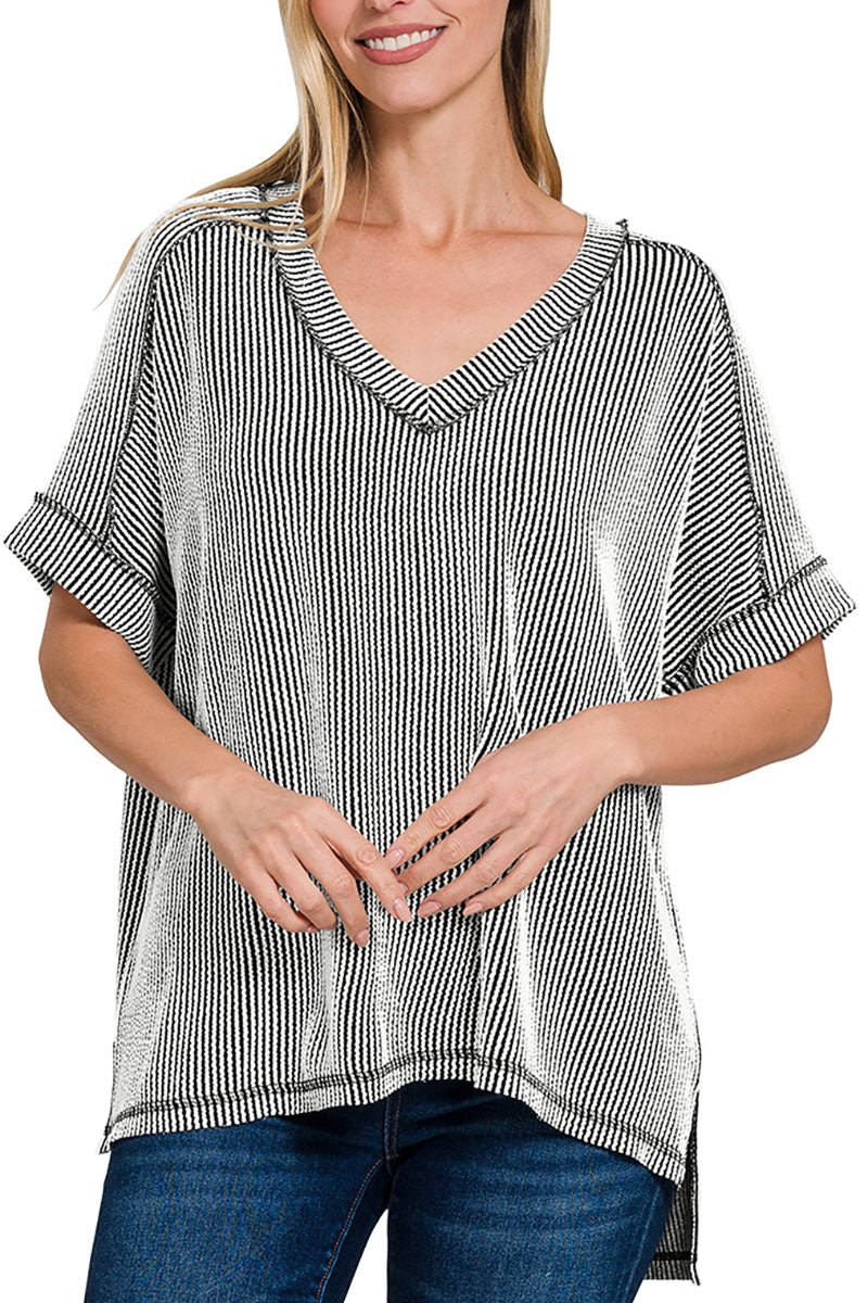 Zenana Take The Plunge Black and White Wavy Rib Knit Top - Wholesale Accessory Market