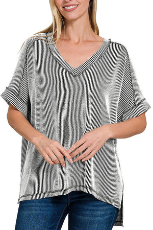 Zenana Take The Plunge Black and White Wavy Rib Knit Top - Wholesale Accessory Market