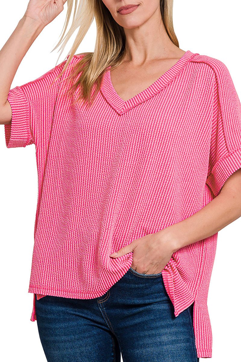 Zenana Take The Plunge Fuchsia Wavy Rib Knit Top - Wholesale Accessory Market