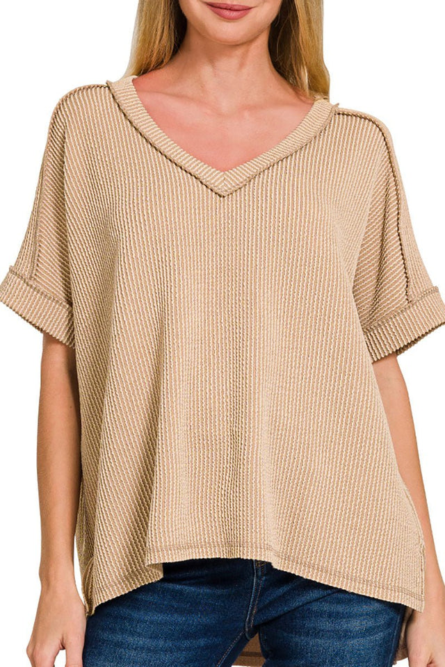 Zenana Take The Plunge Light Mocha Wavy Rib Knit Top - Wholesale Accessory Market
