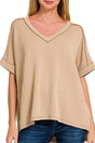 Zenana Take The Plunge Light Mocha Wavy Rib Knit Top - Wholesale Accessory Market