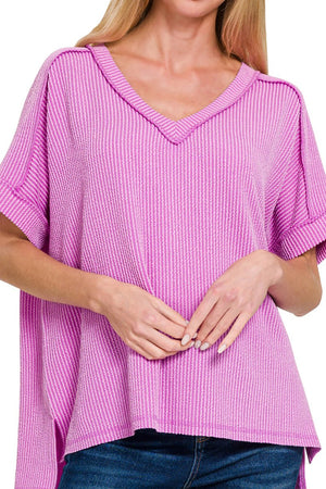 Zenana Take The Plunge Spring Violet Wavy Rib Knit Top - Wholesale Accessory Market