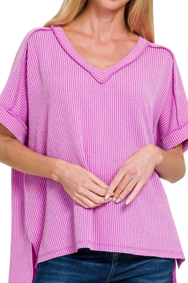 Zenana Take The Plunge Spring Violet Wavy Rib Knit Top - Wholesale Accessory Market