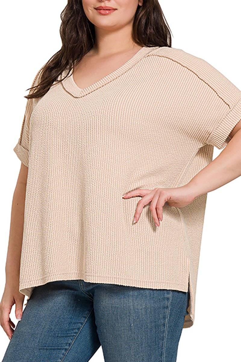 Zenana Plus Size Take The Plunge Sand Beige Wavy Rib Knit Top - Wholesale Accessory Market