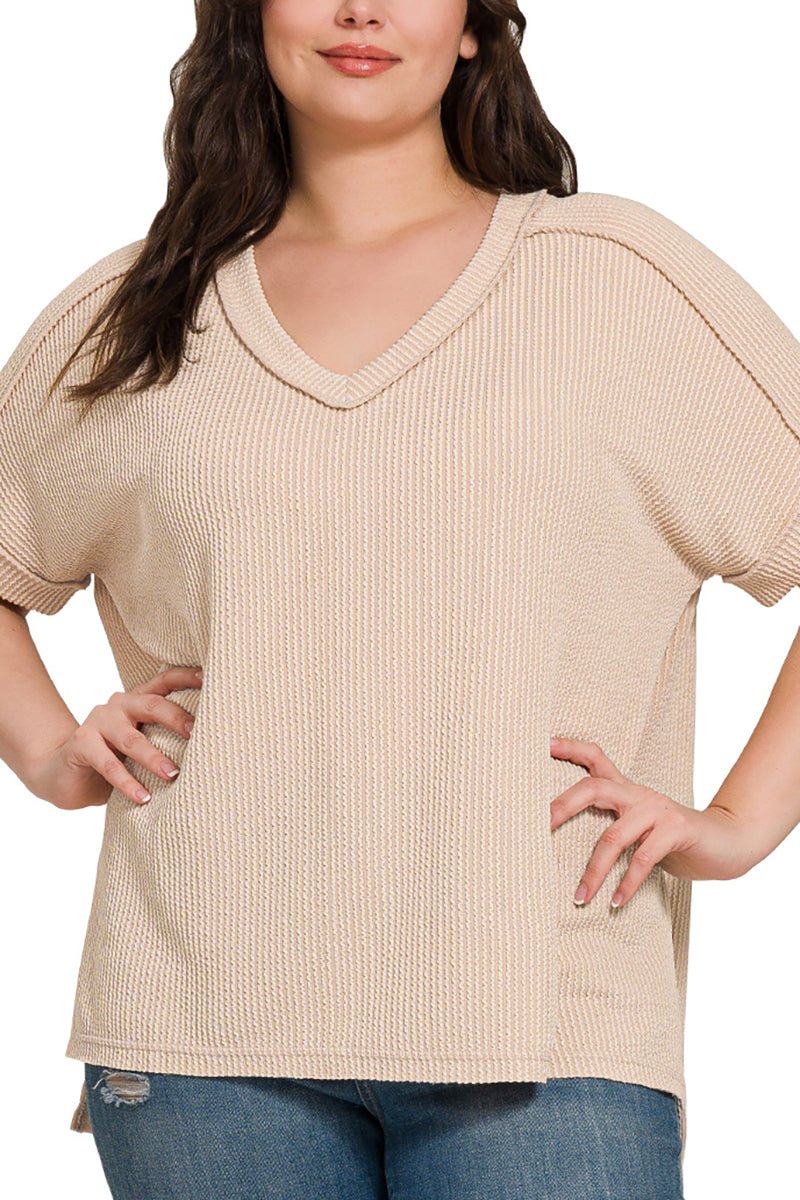 Zenana Plus Size Take The Plunge Sand Beige Wavy Rib Knit Top - Wholesale Accessory Market