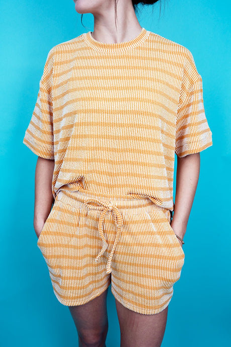 Zenana Heat Wave Mustard Striped Tee & Shorts Set - Wholesale Accessory Market