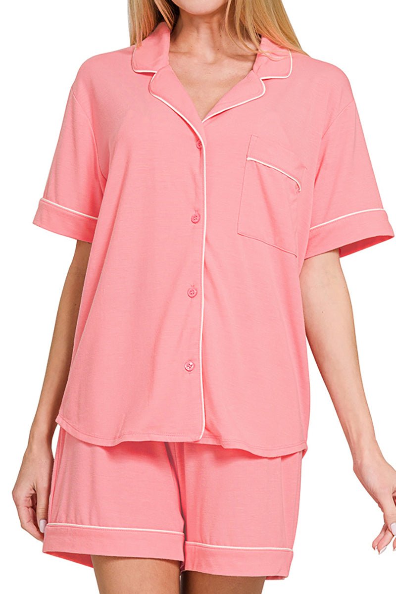Zenana Late Mornings Dark Pink Button Top & Shorts Set - Wholesale Accessory Market