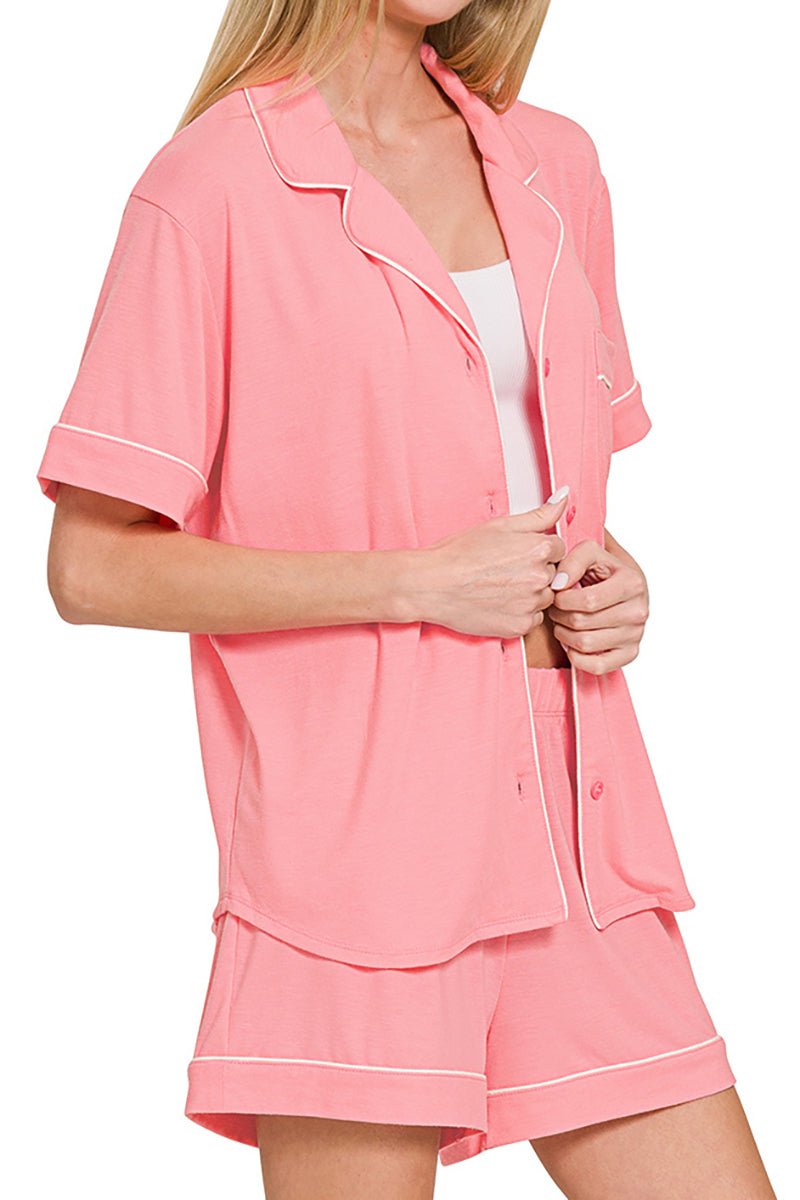 Zenana Late Mornings Dark Pink Button Top & Shorts Set - Wholesale Accessory Market