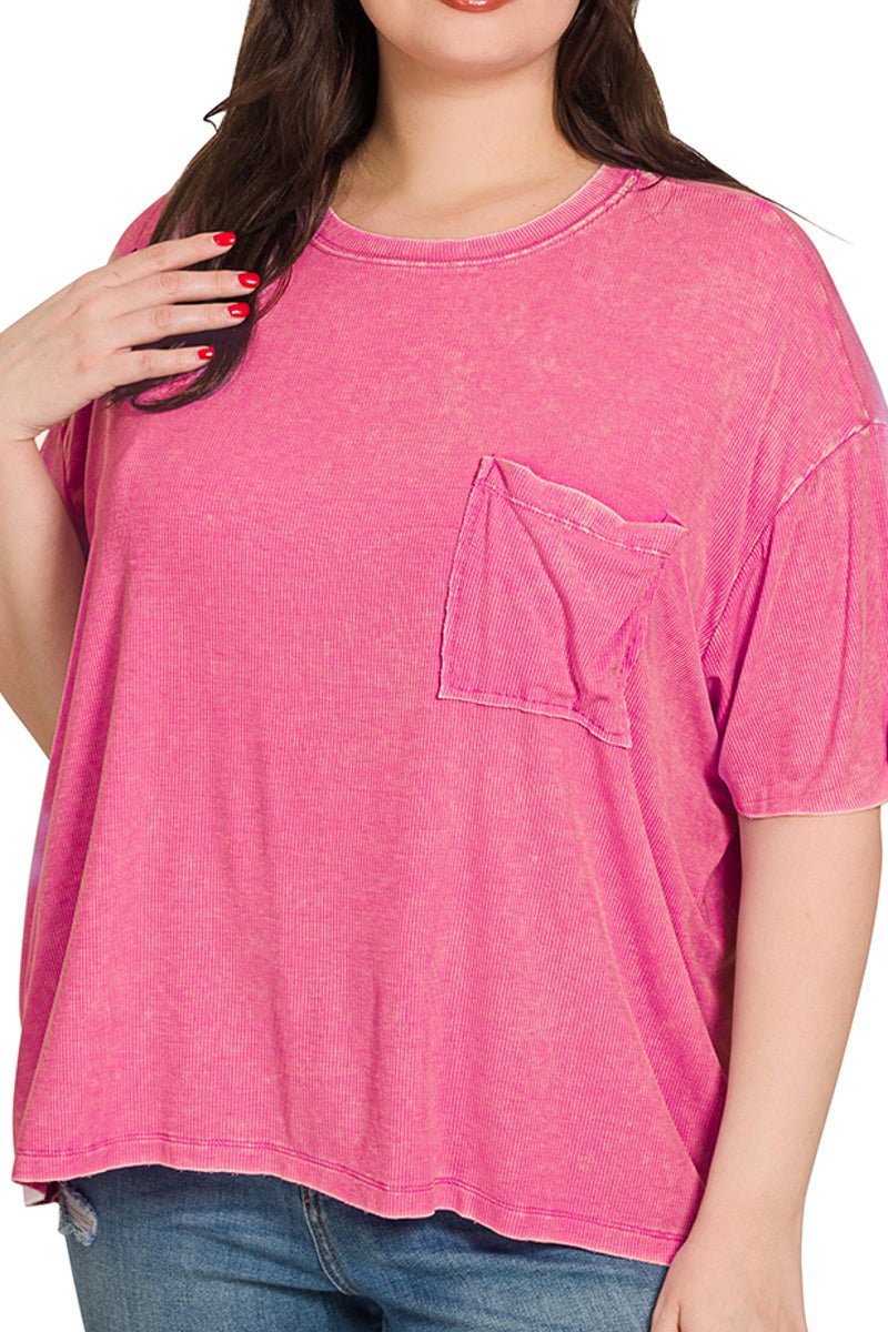 Zenana Plus Size Pacific Coast Hot Pink Washed Ribbed Short Sleeve Top - Wholesale Accessory Market