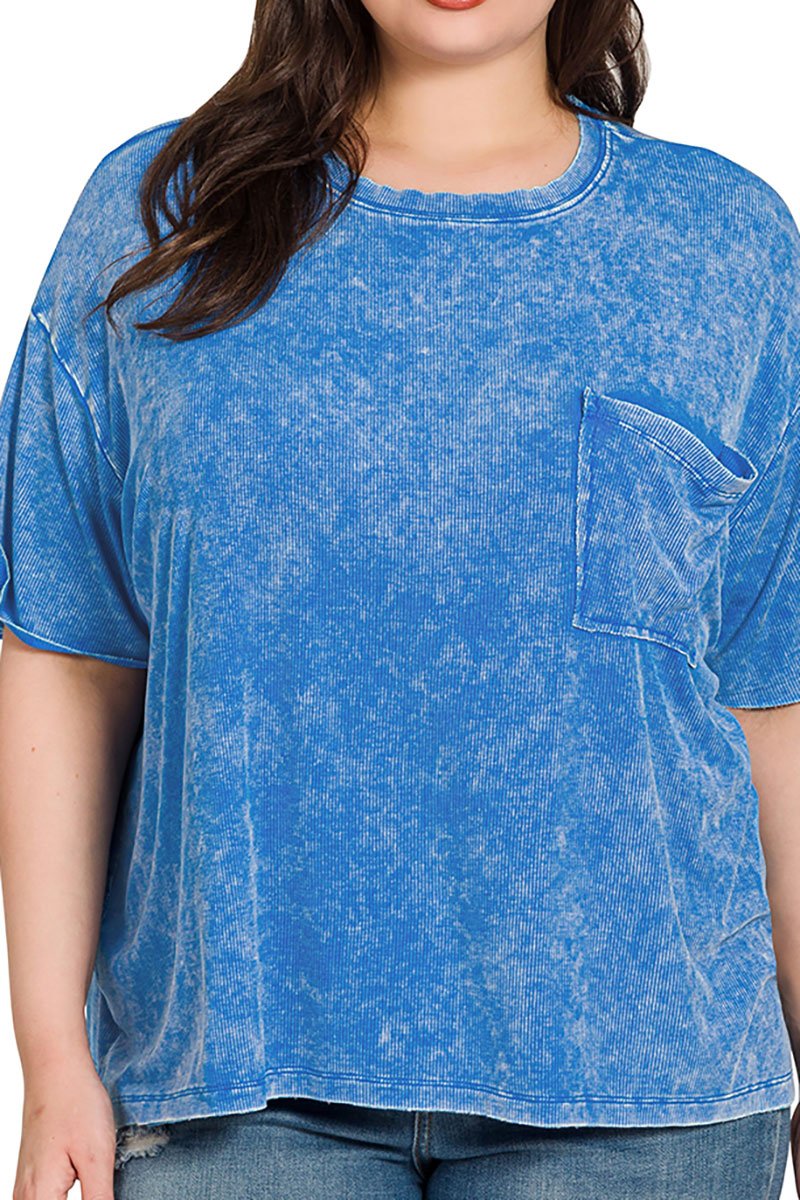 Zenana Plus Size Pacific Coast Ocean Blue Washed Ribbed Short Sleeve Top - Wholesale Accessory Market