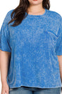 Zenana Plus Size Pacific Coast Ocean Blue Washed Ribbed Short Sleeve Top - Wholesale Accessory Market