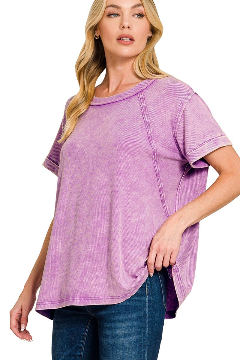 Zenana Daytrip Dreams Bright Violet Washed Ribbed Cuffed Sleeve Top - Wholesale Accessory Market