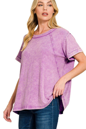 Zenana Daytrip Dreams Bright Violet Washed Ribbed Cuffed Sleeve Top - Wholesale Accessory Market