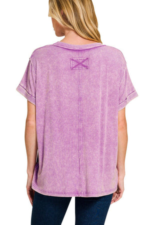 Zenana Daytrip Dreams Bright Violet Washed Ribbed Cuffed Sleeve Top - Wholesale Accessory Market