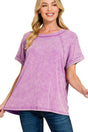 Zenana Daytrip Dreams Bright Violet Washed Ribbed Cuffed Sleeve Top - Wholesale Accessory Market