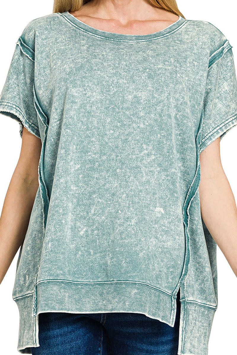 Zenana Walk In The Park Ash Blue Acid Washed French Terry Top - Wholesale Accessory Market