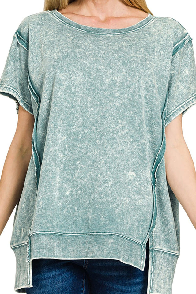Zenana Walk In The Park Ash Blue Acid Washed French Terry Top - Wholesale Accessory Market