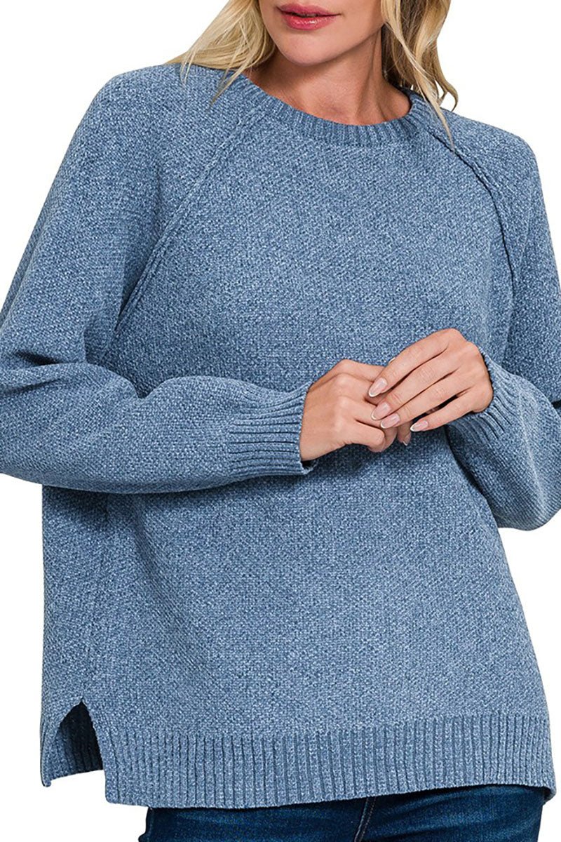 Zenana Perfectly You Dusty Blue Chenille Raglan Sweater - Wholesale Accessory Market