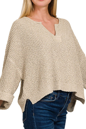 Zenana First Impression Heather Mocha Front Slit Sweater - Wholesale Accessory Market