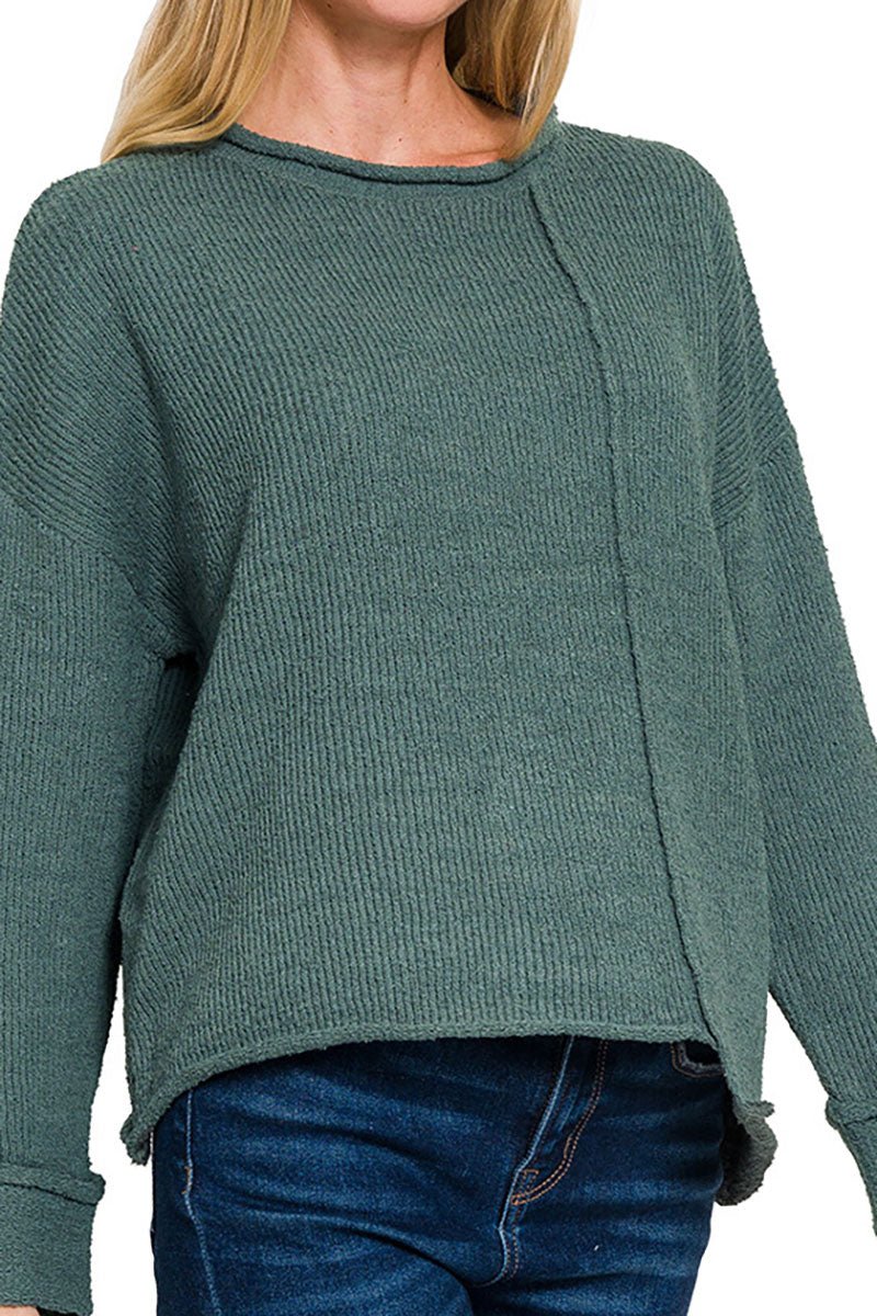 Zenana Falling For You Ash Jade Asymmetric Hem Sweater - Wholesale Accessory Market
