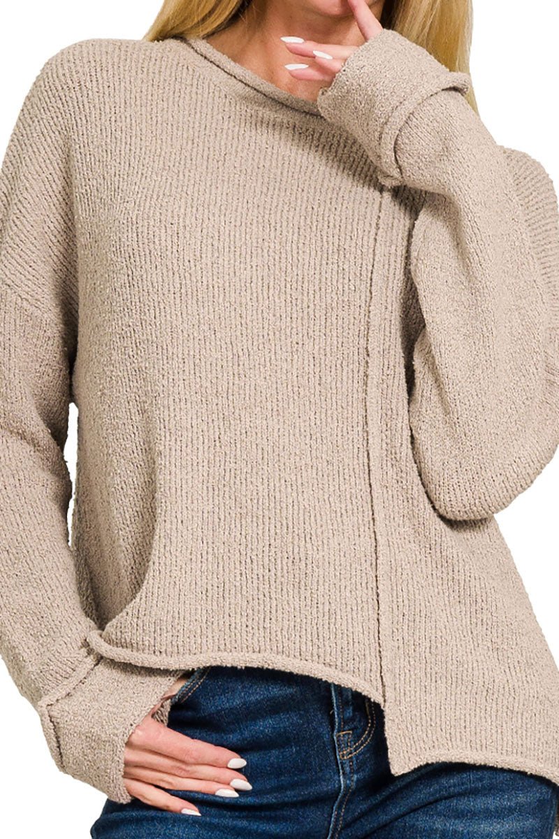 Zenana Falling For You Ash Mocha Asymmetric Hem Sweater - Wholesale Accessory Market