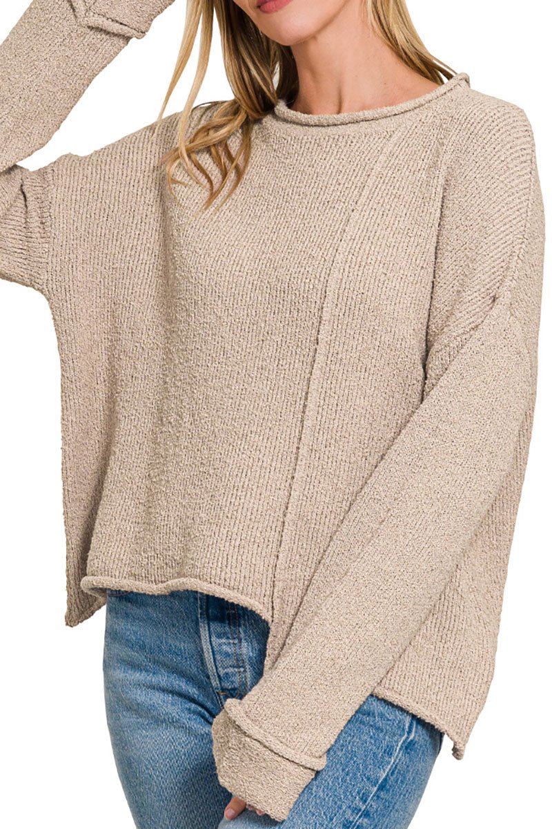 Zenana Falling For You Ash Mocha Asymmetric Hem Sweater - Wholesale Accessory Market
