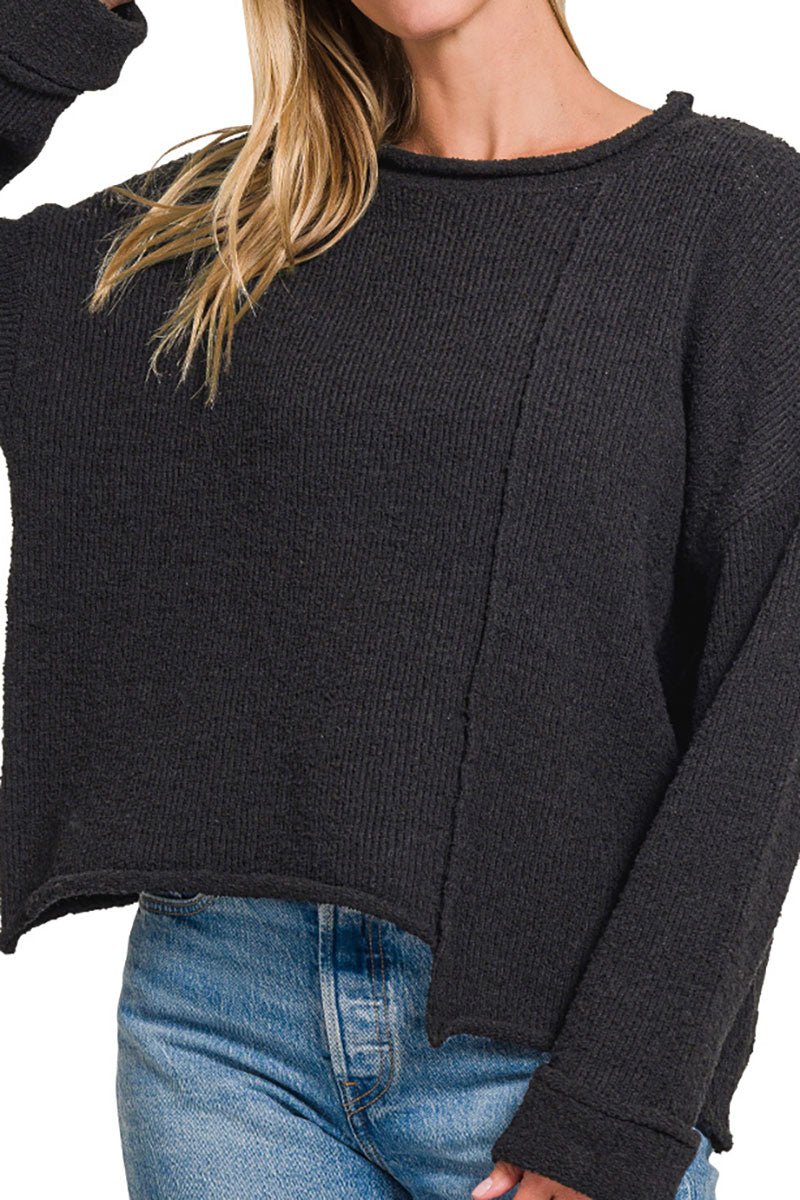 Zenana Falling For You Black Asymmetric Hem Sweater - Wholesale Accessory Market