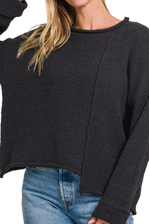 Zenana Falling For You Black Asymmetric Hem Sweater - Wholesale Accessory Market