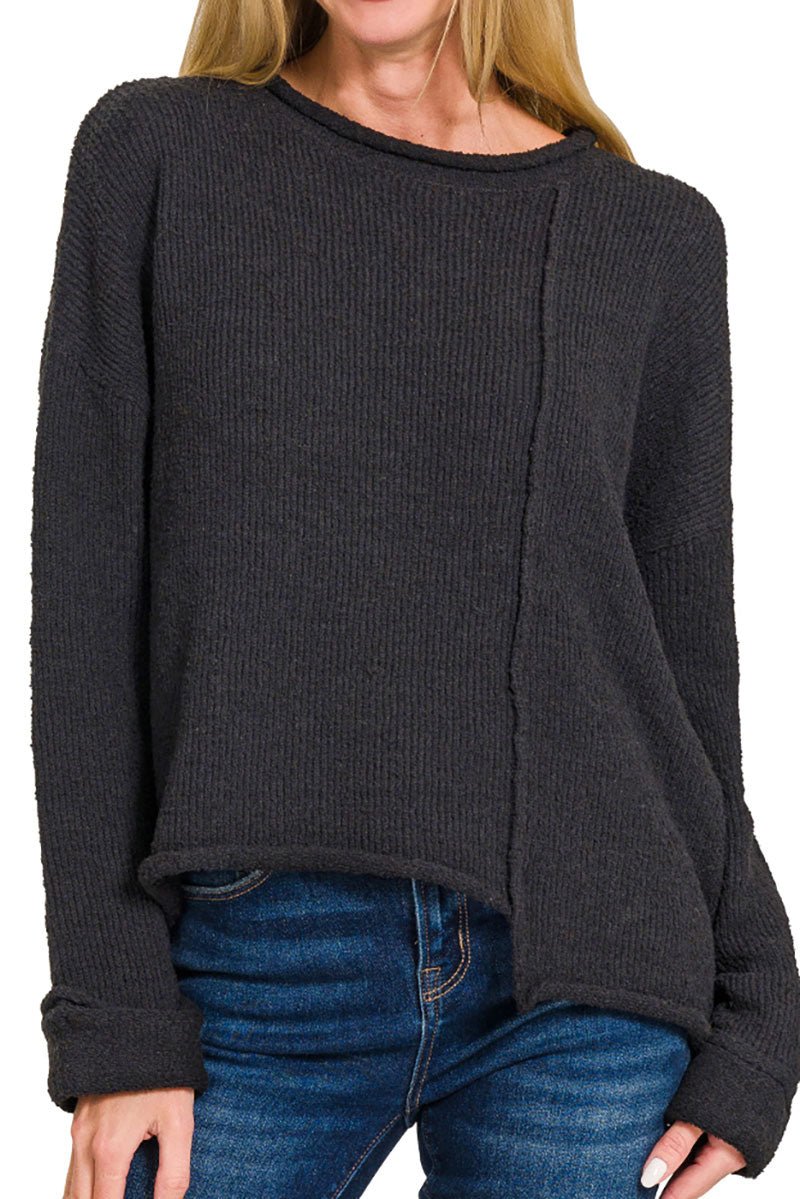 Zenana Falling For You Black Asymmetric Hem Sweater - Wholesale Accessory Market