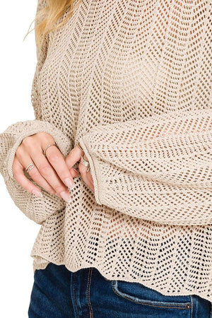 Zenana Opening Doors Sand Beige Hollow Out Long Sleeve Sweater - Wholesale Accessory Market