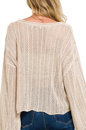 Zenana Opening Doors Sand Beige Hollow Out Long Sleeve Sweater - Wholesale Accessory Market