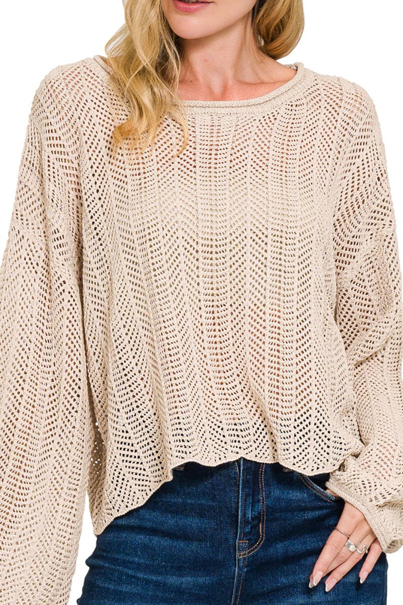 Zenana Opening Doors Sand Beige Hollow Out Long Sleeve Sweater - Wholesale Accessory Market